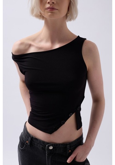 Kayık Yaka Yırtmaç Detay Bluz Siyah