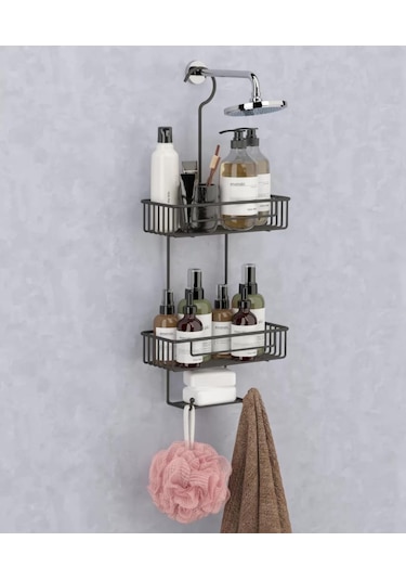 Duş Borusuna Asılabilir Kancalı İki Katlı Banyo Raf Siyah Bk-0068 Siyah
