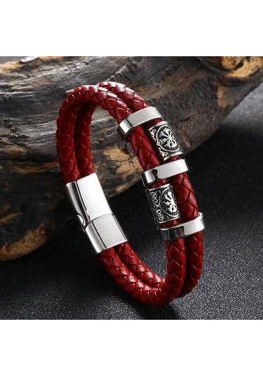 Yeni Paslanmaz Çelik Deri Halat Bileklik İskandinav Viking Serisi Çift Katmanlı Dokuma Deri Erkek Bilekliği Kırmızı
