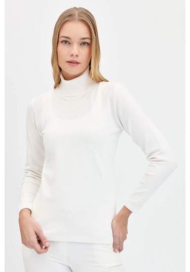 Desen Triko Kadın Likralı Uzun Kollu Basic Tam Balıkçı Bluz 20017 Kemik Kemik