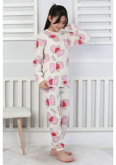 Tangled Hearts Desenli Kız Çocuk Pijama Takımı 8-13 Ekru