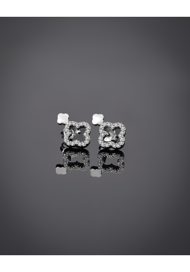 Roza Silver 925 Ayar Rodyum Zirkon Taşlı Dört Yapraklı Yonca Şık Çivili Gümüş Küpe Re10213