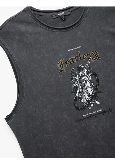 Koton Pamuklu Yıkamalı Bisiklet Yaka Baskılı Kolsuz Tişört Antrasit 5sam30024mk Antrasit