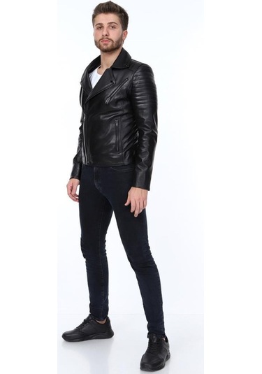 Hakiki Kuzu Derisi Yaka Detaylı Yandan Fermuarlı Erkek Deri Ceket Siyah Siyah