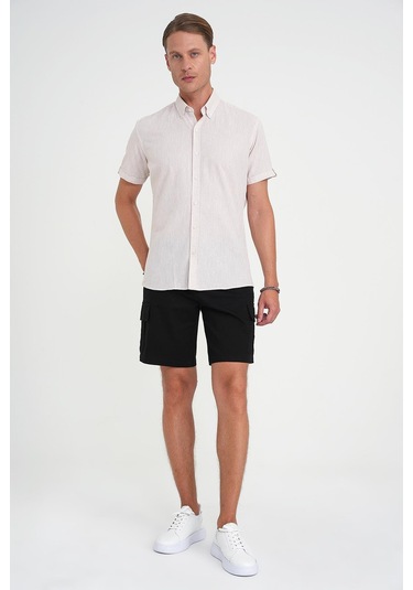 Comfort Fit Düğme Yaka Kısa Kol %100 Keten Düz Bej Gömlek G 1596 Bej