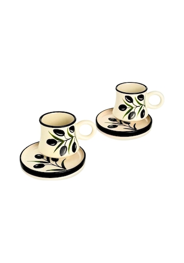 2 Li Takım Zeytin Desenli El Yapımı Kazan Seramik Kahve Fincanı, Kahve Fincanı, Hand Made Beyaz