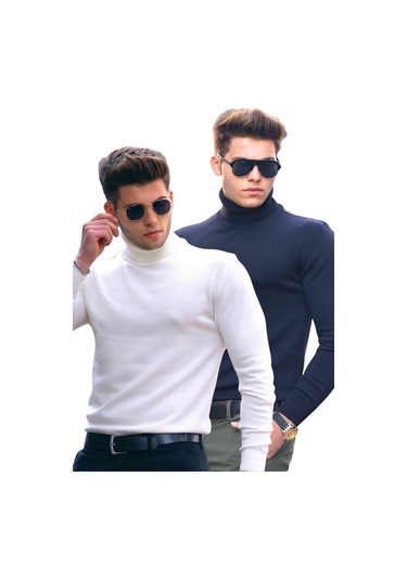 Lacivert/beyaz Balıkçı Yaka 2'li Paket Kazak 4656 Lacivert/beyaz