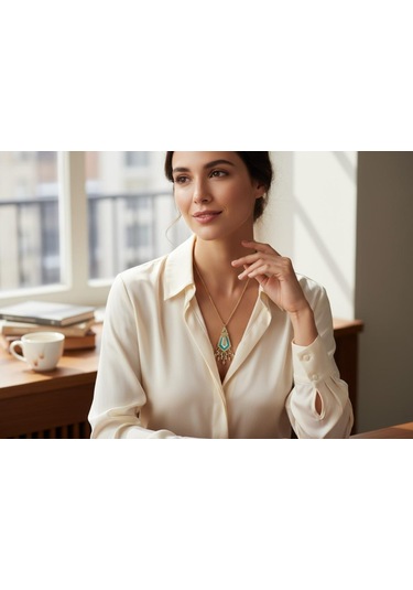 Turkuaz Taşlı Geometrik Desenli Çelik Kolye Ve Küpe Takımı Çok Renkli