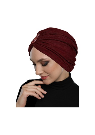 Dizayn Tüllü Kristal Taş İşlemeli Çift Taraflı Astarlı Bordo Hazır Türban Tesettür Abiye Bone Bordo