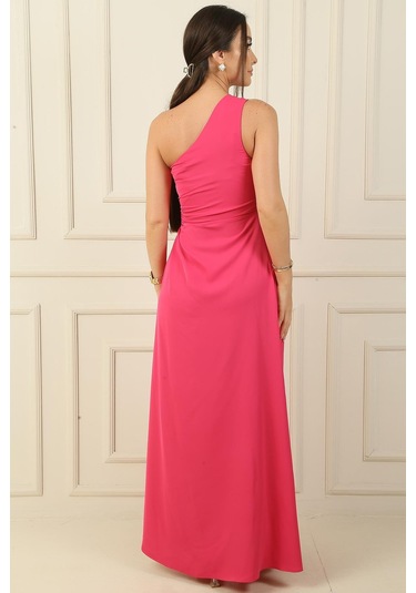 Kadın Tek Omuz Yan Pencere Detaylı Uzun Krep Saten Elbise-38277 Fuşya