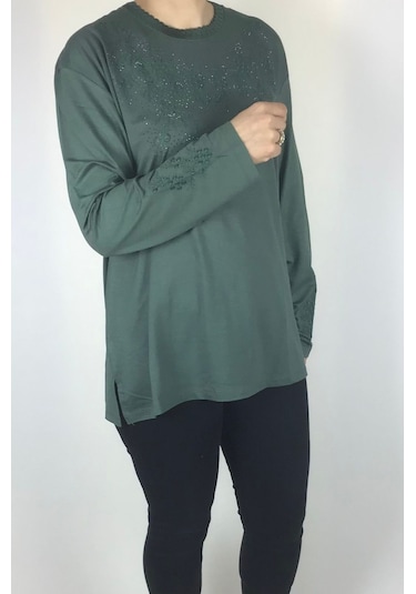 Kadın Likralı Turlu Viskon Büyük Beden Yaka Ve Kolağzı Taşlı Ve İşlemeli Bluz Mint Yeşili