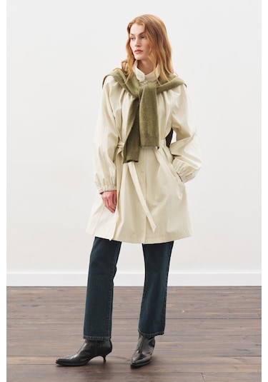 Oversıze Bağlamalı Midi Trençkot Taş Taş