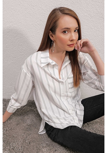 Gabria Çizgili Tek Cep Gömlek Beyaz
