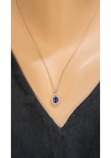 925 Ayar Gümüş Safir Taşlı Damla Kolye