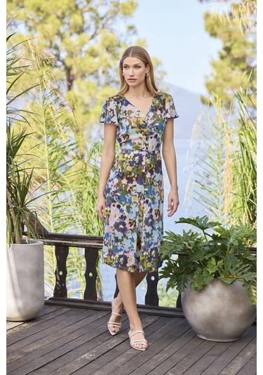 Monamise Kadın Desenli Önü Düğmeli Kısa Kollu V Yaka Elbise 25049 Mor