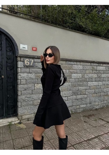 İkili Fermuarlı Hırkalı Etekli Takım - Siyah Siyah