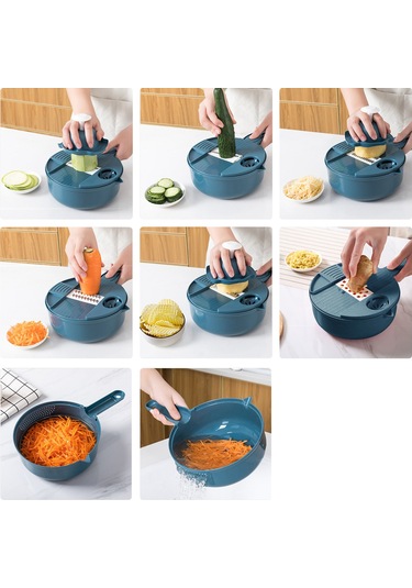 Neevoyu Mavi Çok İşlevli Kalın Dairesel Süzgeçli Sebze Dilimleyici 6 Bıçak/12 Fonksiyon - Paslanmaz Çelik Bıçaklar, Eldiven, Süzgeç Sepetiyle Mavi