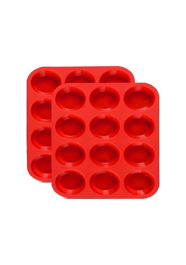 Kangvka 2 Adet Silikon Muffin Kalıbı - 12'li Set, Anti Yapışkan, 29x21.8x4cm, 230g, Kırmızı, Pastane Fırın Kalıpları KIrmızı
