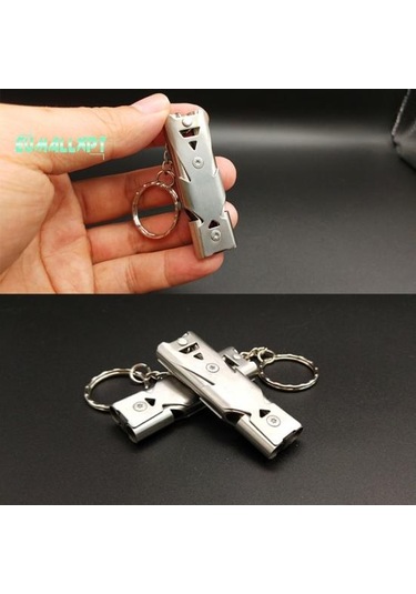 Siyah Taşınabilir Paslanmaz Çelik Çift Borulu Mini - Yüksek Desibel Hayatta Kalma Anahtarlık Düdüğü Siyah