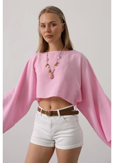Yarasa Kollu Crop Bluz - Pembe Pembe