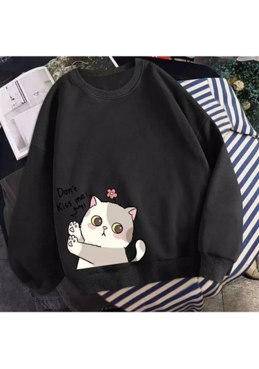 Tatlı Kedi Tasarım Sweatshirt - Siyah Baskılı Oversize Kalın Kışlık Bisiklet Yaka Siyah