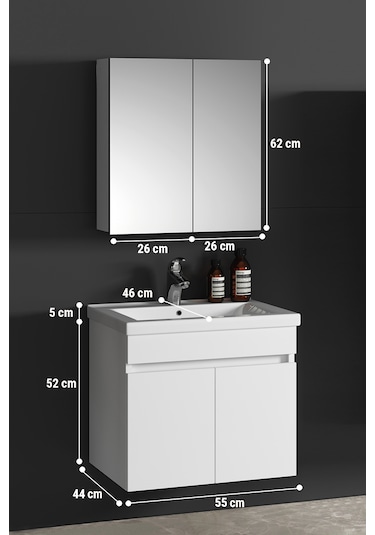 Çiğdem 55 Cm Beyaz Mdf Seramik Lavabolu Asma Banyo Dolabı Takımı Beyaz - Beyaz