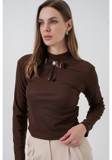 Kadın Kurdale Detay Uzun Kollu Bluz 977 - Kahverengi Kahverengi