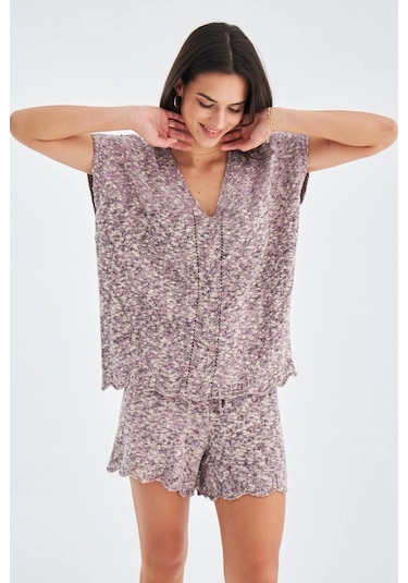 Peraluna Renge Blouse & Shorts Yazlık Viskonlu Kadın Triko Şort T Lila