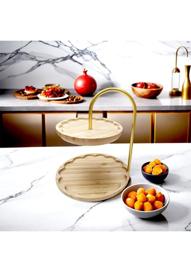 Bambu 2 Katlı Stant, Sunum Standı , Çift Katlı Sunumluk, Dekoratif Stant, Sunum Seti - Papatya / Altın Altın
