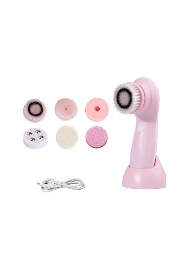 Hangfox Usb Şarjlı 6'lı Yüz Temizleme Aleti Seti - Dürtmeyelik Fırçalalar, Masaj Ve Makyaj Temizleme - Su Geçirmez, 3 Seviye, Batarya İle - Gül Renkli