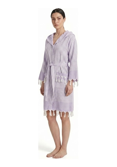 Kapşonlu Unisex Peştemal Plaj Bornozu %100 Pamuklu Seaside Stripe Lila