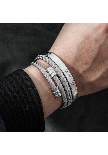 Chavin 3 Lü Örgü Roma Rakam Kelepçe Çelik Erkek Bileklik Eu25 Gri