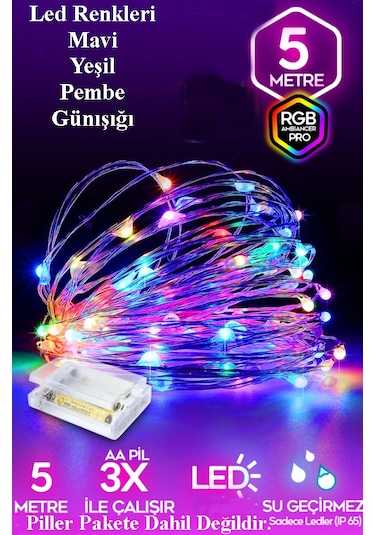 5 Metre Pilli Led Işık Multi Renk, Dekoratif Peri Led Işık, Rgb Karışık Renk 1 Parça