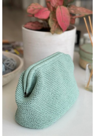 El Yapımı Su Yeşili Renk Basic Örgü El Çantası Kağıt İp Su Yeşili