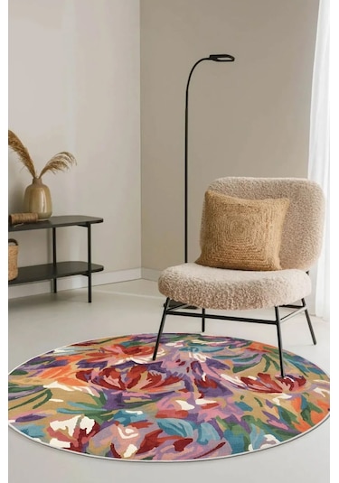 Zeminde Bir Tablo Fırça Dokunuşlu Modern Halı Tasarımı Yuvarlak Kaymaz Taban Renkli