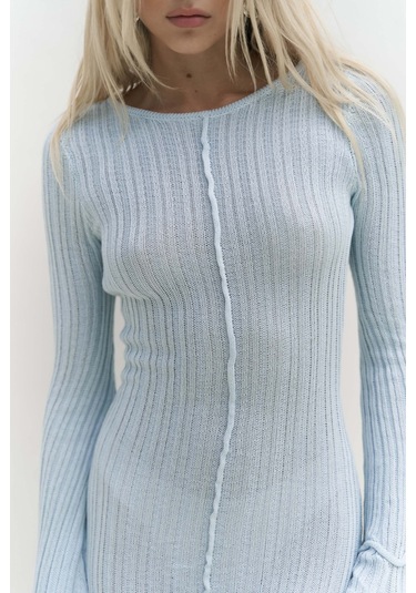 Matias Sırt Dekolteli Mavi Triko Uzun Elbise Mavi