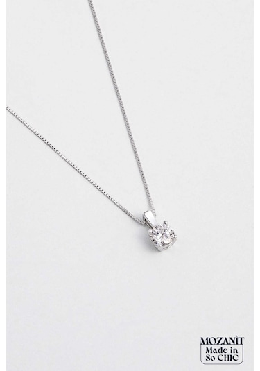 So Chic Mozanit Dokunuşu 18 Ayar Beyaz Altın Kaplama 45 Cm Gümüş Tektaş Kolye Rodyum