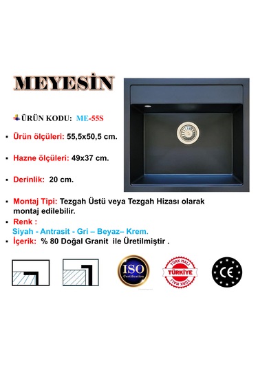 Meyesin ME-55S Granit Tek Göz Mutfak Evyesi Siyah 50 x 55 CM