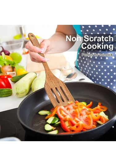 Vkemall Doğal Teak Ahşap Mutfak Gereçleri Seti - 10 Parça, El Yapımı, Toksiksiz, Anti Yapışkan, Mutfak Gerekli Malzeme Kahverengi