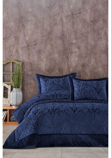 Elart Elyaf Dolgulu Pano Kadife Çift Kişilik Yatak Örtüsü Takımı Lacivert 260 x 270 Lacivert