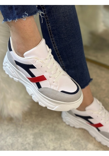 Günlük Kadın Sneaker Kalın Yüksek Taban Bağcıklı Rahat Tiger Şeritli Spor Ayakkabı 032 11-taş Laci Kırmızı