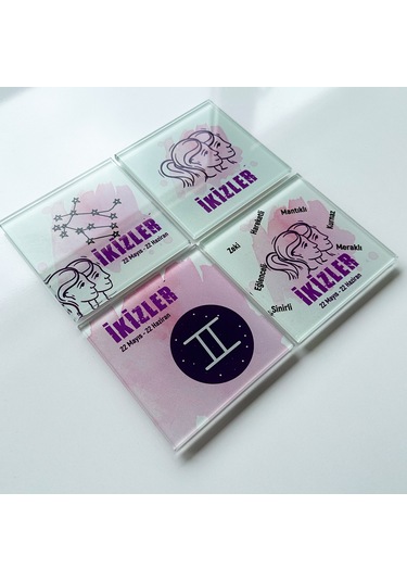 Decorita Cam Bardak Altlığı Burçlar - İkizler Burcu 4'lü Takım 10 CM Çok Renkli