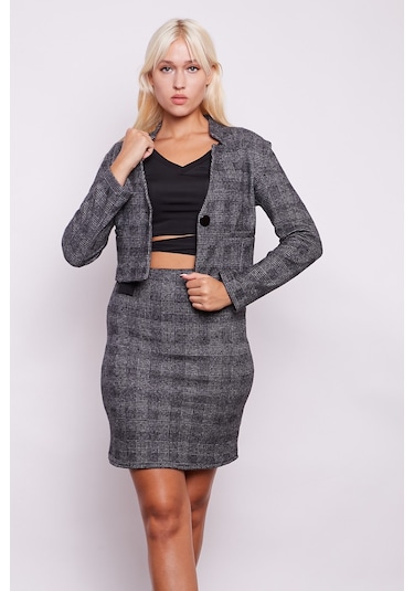 Kışlık Yünlü Kumaş Yüksek Bel Diz Üstü Kalem Etek -Antrasit Çizgi