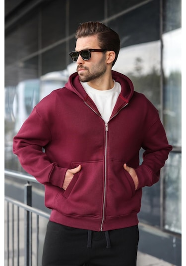 Madmext Bordo Fermuarlı Kapüşonlu Erkek Hırka E7174 Bordo