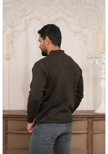 Woolen World Polo Yaka Düz Renk Yünlü Erkek Triko Kazak Kahverengi