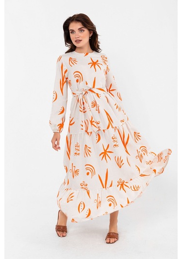 Desenli Yazlık Baharlık Keten Elbise 2103 Turuncu