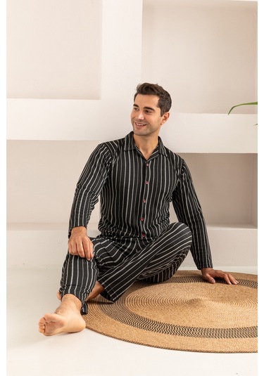 Erkek Jakarlı Düğmeli Pamuk Pijama Takımı- Çizgili Erkek Pijama Lacivert