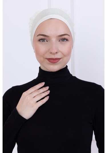 Fırfırlı Önden Dikişli Penye Bone - Kadın Tesettür Bağlamalı Topuz İç Bone-ekru - Kırık Beyaz Ekru