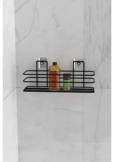 Eva Metal Tasarim Banyo Düzenleyici Şampuanlık Sabunluk Yapışkanlı Banyo Rafı Mat Siyah Duş Rafı Organizer Siyah