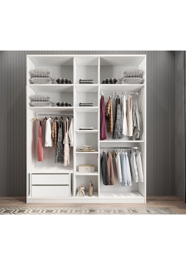Soft 10 Kapaklı Yüklüklü Gizli Çekmeceli Gardırop Dolap Beyaz 225 Cm Beyaz
